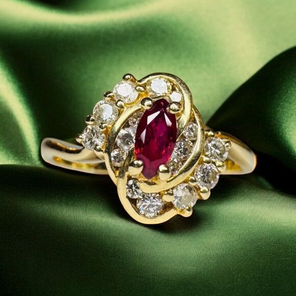 Unbranded Jewelry - 14K Gold- Natural Burmese Ruby Diamond Ring -Sz 6.75- 1/2CT- Marquise Cut -2.3g